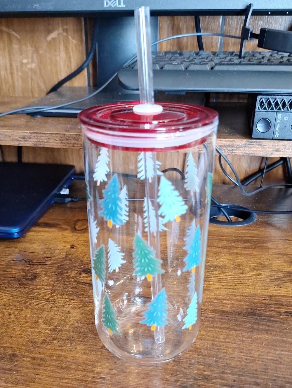 Clear Holiday Tree Tumbler with Red Lid and Straw